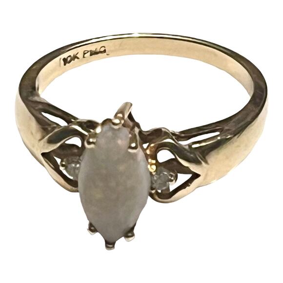 VTG 10K Gold Genuine Marquise Cut OPAL RING Size 6.5 Diamonds In Heart Metalwork - Picture 2 of 6